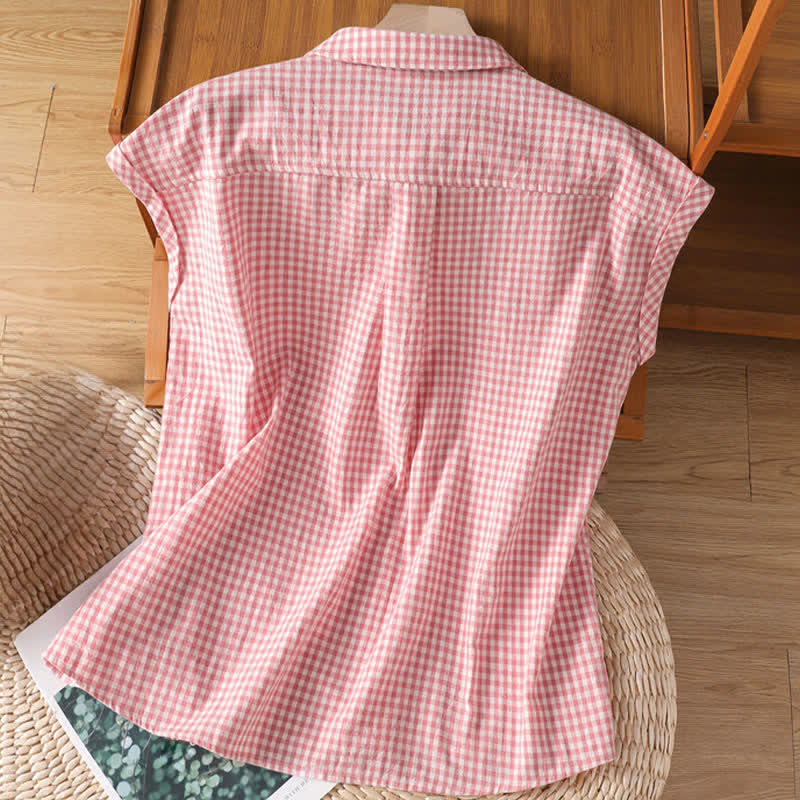 Buddha Stones Summer Casual Vintage Button-Up Plaid Women's Sleeveless Shirts Tank Top - image 1