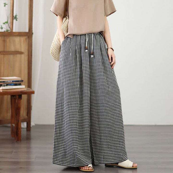 Buddha Stones Summer Casual Drawstring Small Plaid Ankle Pants Women's Wide Leg Pants With Pocket - Black - US8-10, UK/AU12-14, EU40-42 (2XL) - image 8