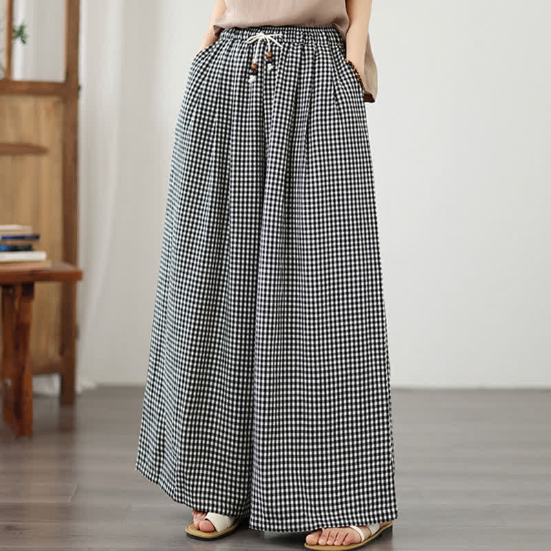 Buddha Stones Summer Casual Drawstring Small Plaid Ankle Pants Women's Wide Leg Pants With Pocket - image 13