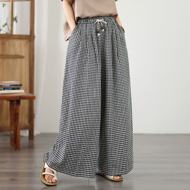 Buddha Stones Summer Casual Drawstring Small Plaid Ankle Pants Women's Wide Leg Pants With Pocket - image 9
