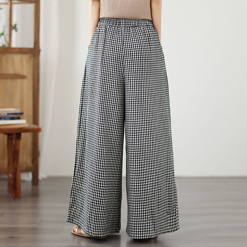 Buddha Stones Summer Casual Drawstring Small Plaid Ankle Pants Women's Wide Leg Pants With Pocket - image 11