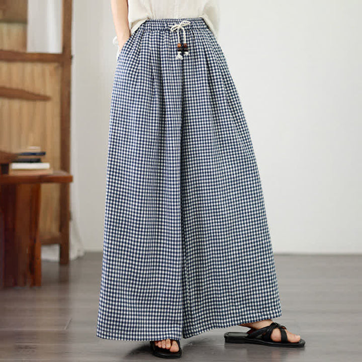 Buddha Stones Summer Casual Drawstring Small Plaid Ankle Pants Women's Wide Leg Pants With Pocket - LightSteelBlue - US8-10, UK/AU12-14, EU40-42 (2XL) - image 0