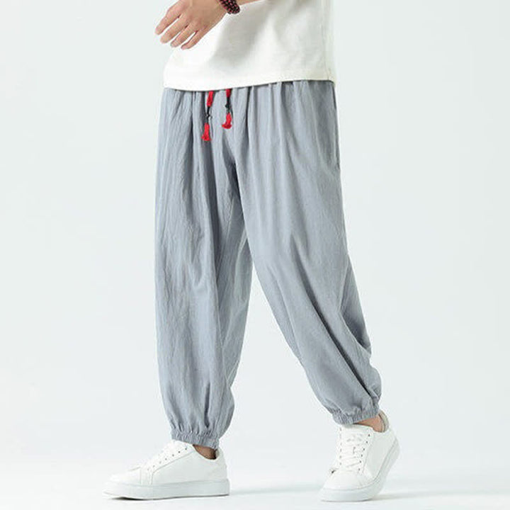Buddha Stones Summer Casual Boho Drawstring Solid Cotton Cropped Pants Men's Harem Pants With Pocket - image 2