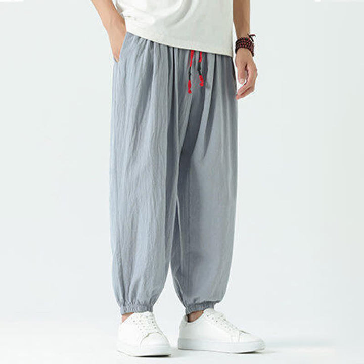 Buddha Stones Summer Casual Boho Drawstring Solid Cotton Cropped Pants Men's Harem Pants With Pocket - image 5