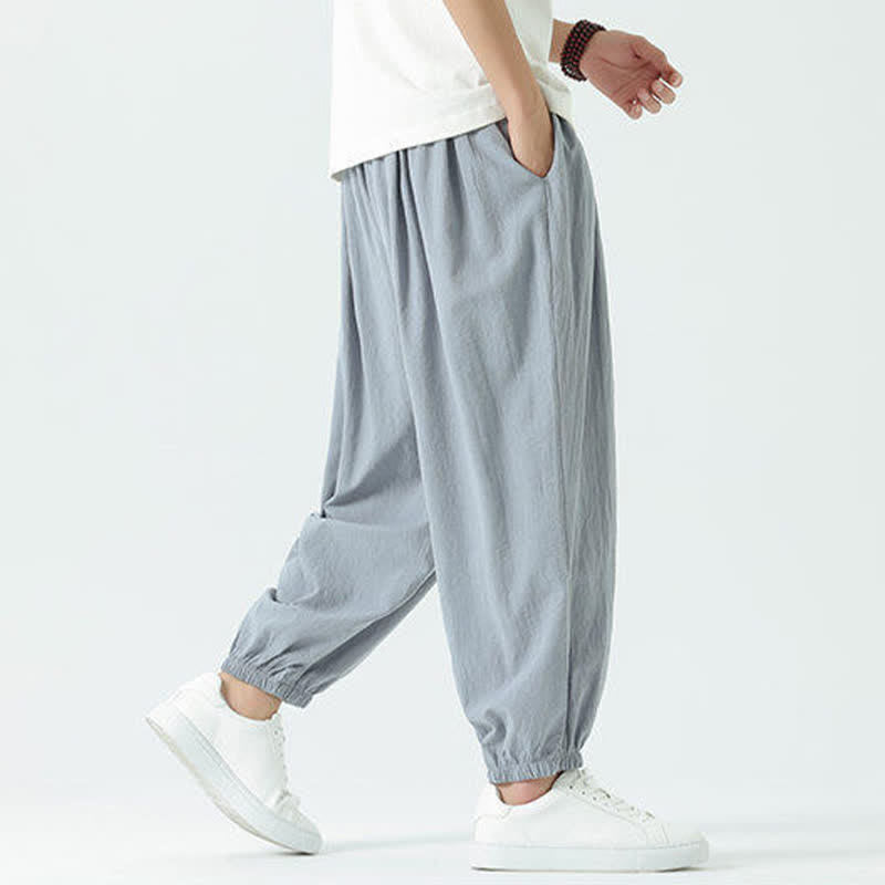 Buddha Stones Summer Casual Boho Drawstring Solid Cotton Cropped Pants Men's Harem Pants With Pocket - image 6