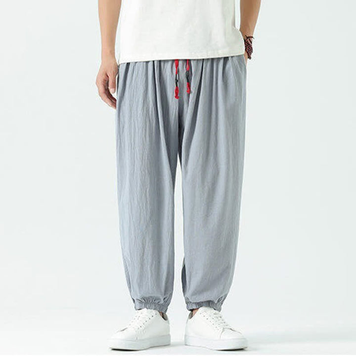 Buddha Stones Summer Casual Boho Drawstring Solid Cotton Cropped Pants Men's Harem Pants With Pocket - image 7