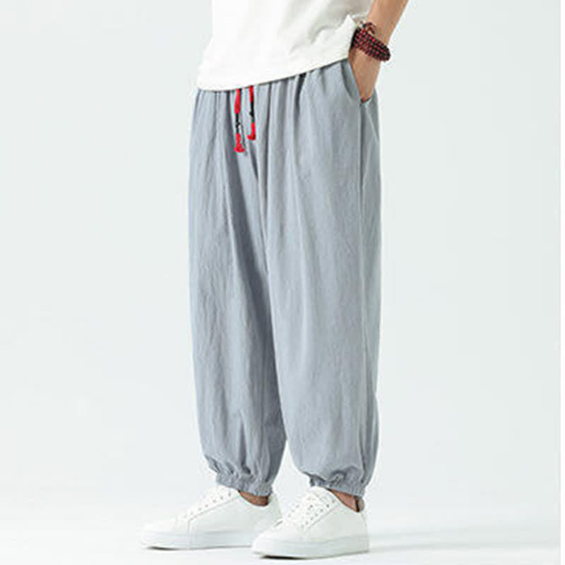 Buddha Stones Summer Casual Boho Drawstring Solid Cotton Cropped Pants Men's Harem Pants With Pocket - image 8