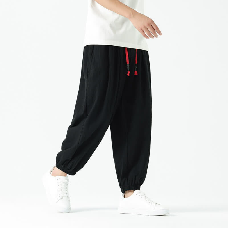 Buddha Stones Summer Casual Boho Drawstring Solid Cotton Cropped Pants Men's Harem Pants With Pocket - image 11