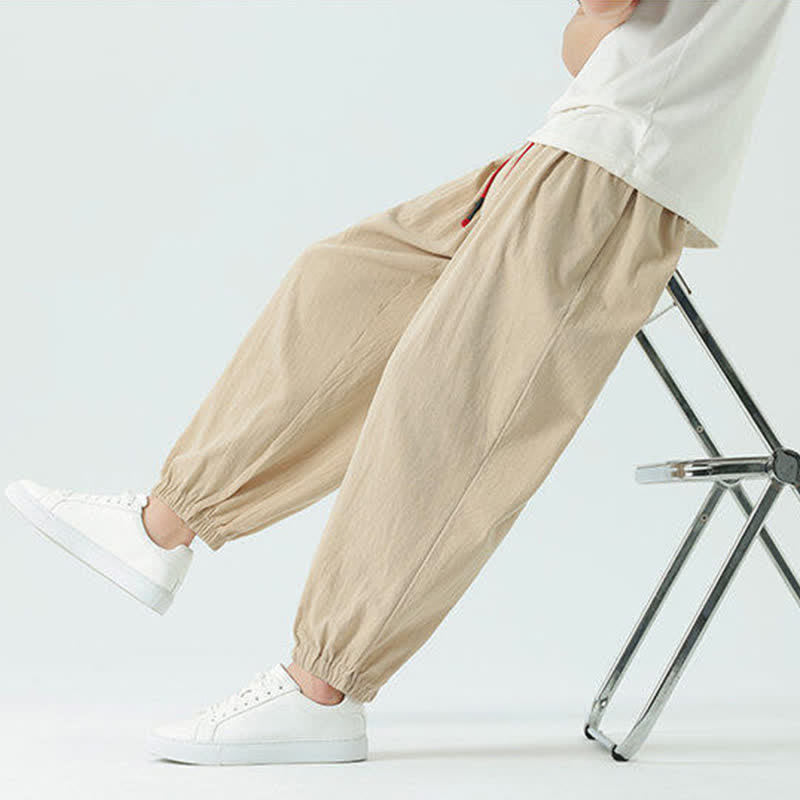 Buddha Stones Summer Casual Boho Drawstring Solid Cotton Cropped Pants Men's Harem Pants With Pocket - image 27