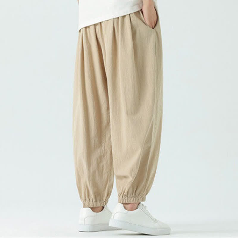 Buddha Stones Summer Casual Boho Drawstring Solid Cotton Cropped Pants Men's Harem Pants With Pocket - image 23