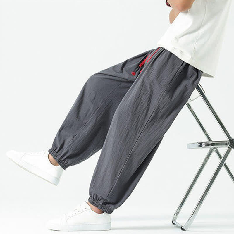 Buddha Stones Summer Casual Boho Drawstring Solid Cotton Cropped Pants Men's Harem Pants With Pocket - image 44