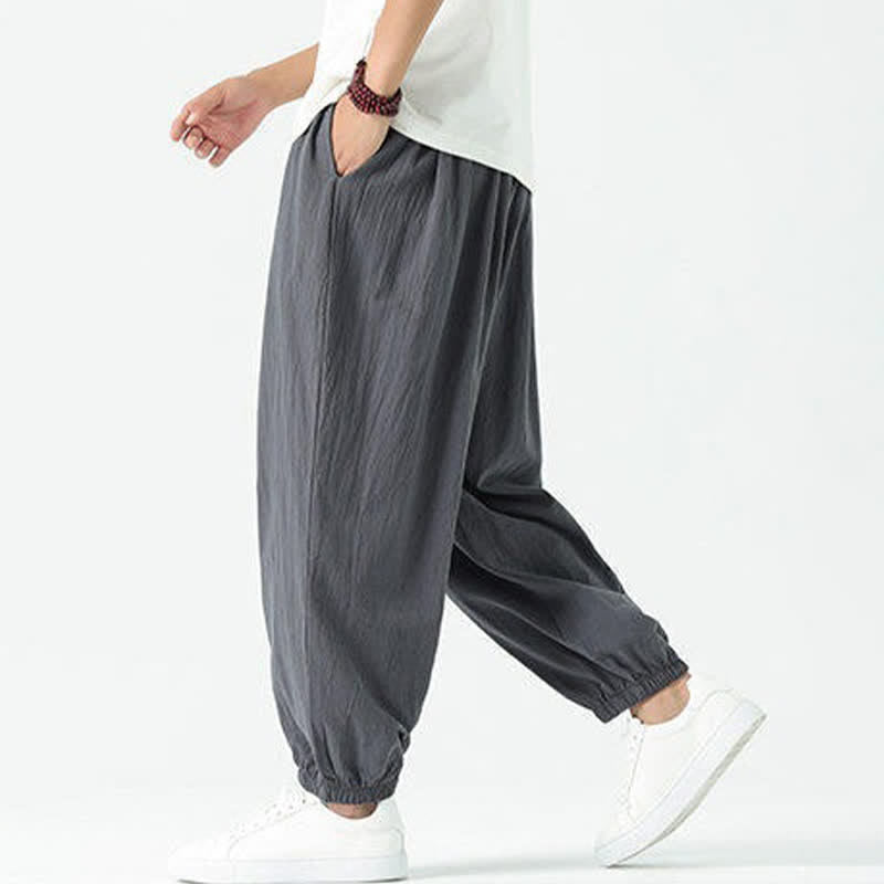 Buddha Stones Summer Casual Boho Drawstring Solid Cotton Cropped Pants Men's Harem Pants With Pocket - image 38