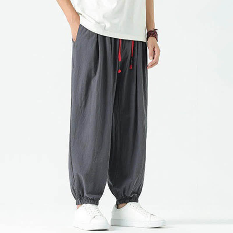 Buddha Stones Summer Casual Boho Drawstring Solid Cotton Cropped Pants Men's Harem Pants With Pocket - image 43