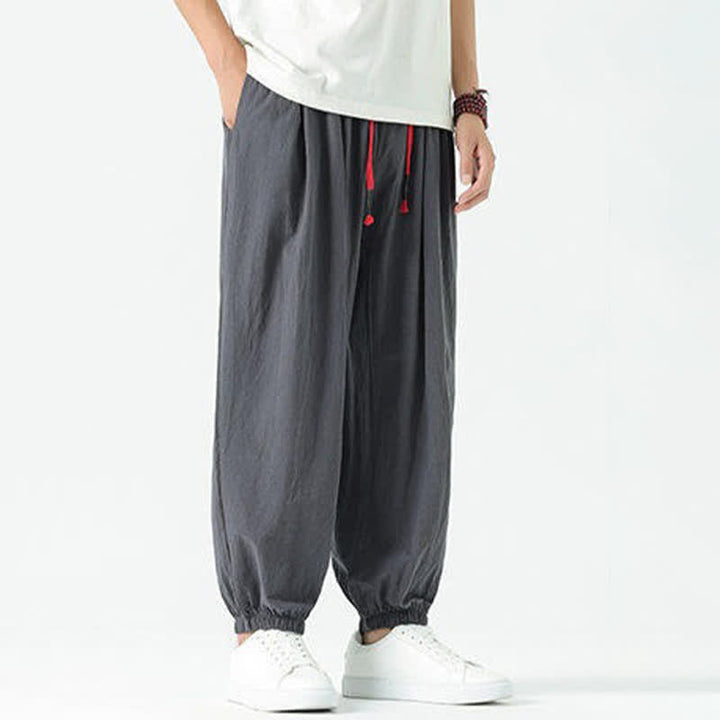 Buddha Stones Summer Casual Boho Drawstring Solid Cotton Cropped Pants Men's Harem Pants With Pocket - image 43