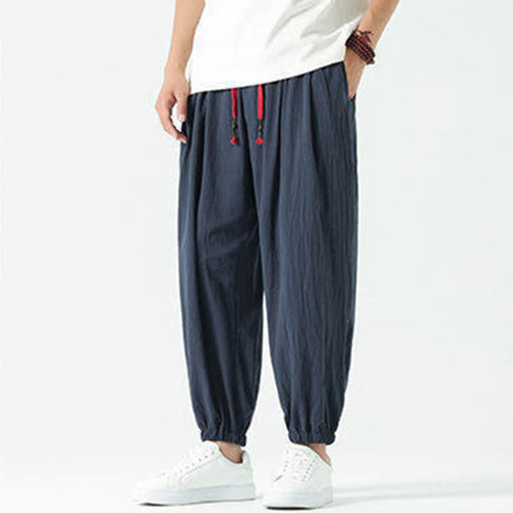 Buddha Stones Summer Casual Boho Drawstring Solid Cotton Cropped Pants Men's Harem Pants With Pocket - MidnightBlue - US/UK/AU46, EU56 (5XL) - image 45