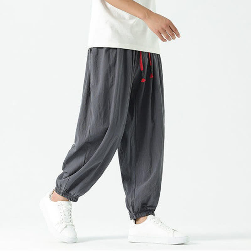 Buddha Stones Summer Casual Boho Drawstring Solid Cotton Cropped Pants Men's Harem Pants With Pocket - image 42