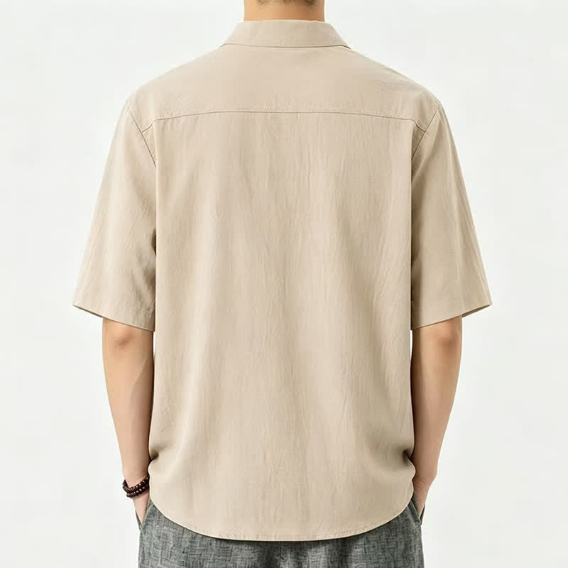 Buddha Stones Summer Casual Mandarin Collar Solid Men's Short Sleeve Shirts - image 1