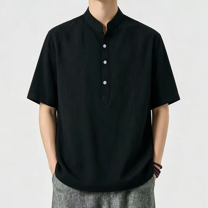 Buddha Stones Summer Casual Mandarin Collar Solid Men's Short Sleeve Shirts - Black - US/UK/AU46, EU56 (5XL) - image 2