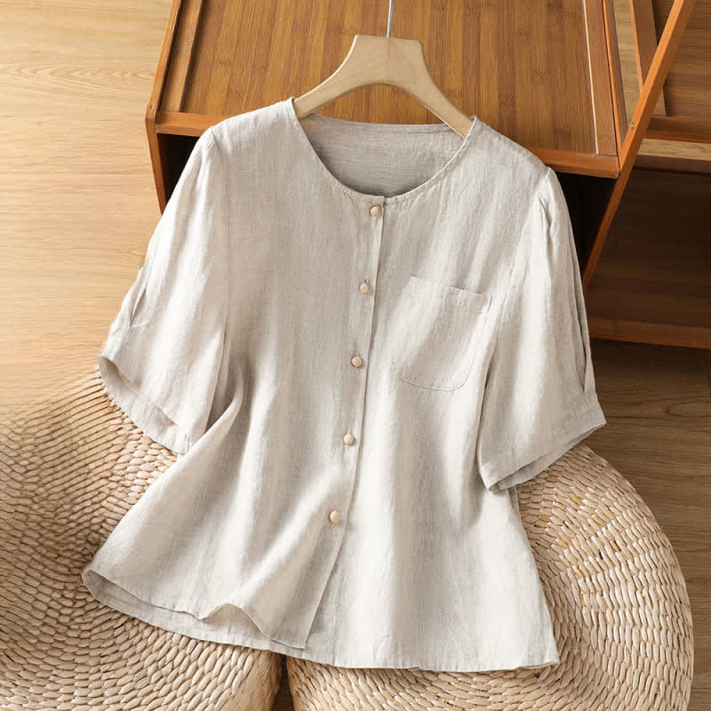 Buddha Stones Summer Casual Minimalist Button-Up Solid Women's Short Sleeve Shirts With Patch Pocket - Linen - US8-10, UK/AU12-14, EU40-42 (2XL) - image 13