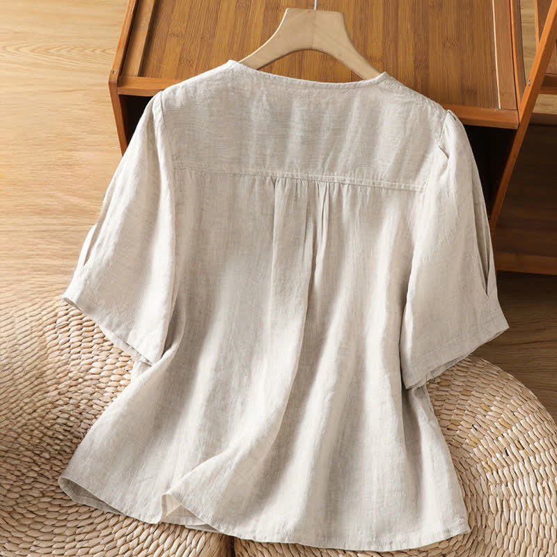 Buddha Stones Summer Casual Minimalist Button-Up Solid Women's Short Sleeve Shirts With Patch Pocket - image 14