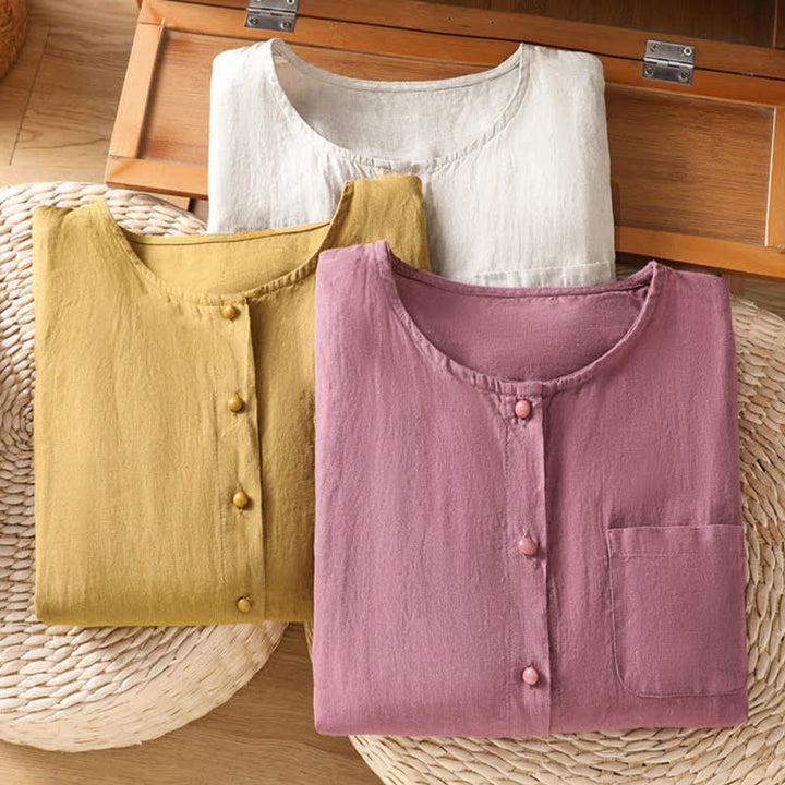 Buddha Stones Summer Casual Minimalist Button-Up Solid Women's Short Sleeve Shirts With Patch Pocket - image 24