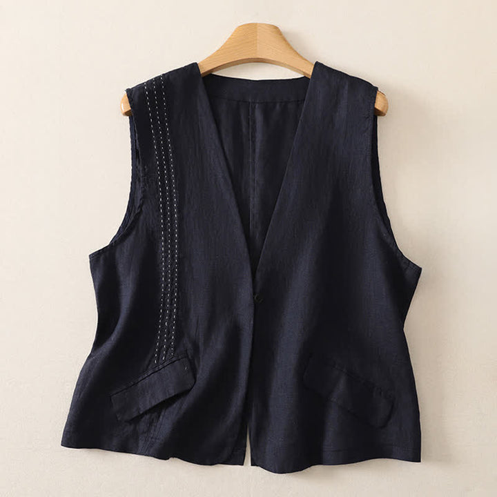 Buddha Stones Summer Casual Minimalist Button-Up Solid Women's Sleeveless Shirts Tank Top - Navy - US12, UK/AU16, EU44 (2XL) - image 6