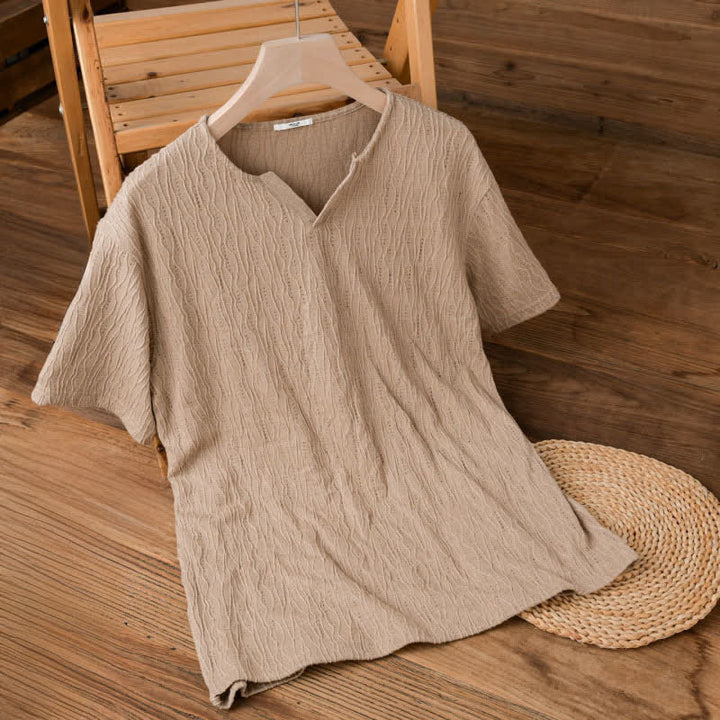 Buddha Stones Summer Casual Minimalist Solid V-Neck Men's Short Sleeve T-Shirts - BurlyWood - US/UK/AU42, EU52 (3XL) - image 5