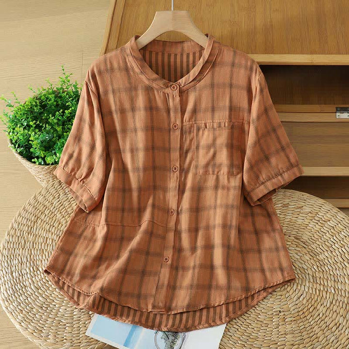 Buddha Stones Summer Casual Vintage Plaid Women's Short Sleeve Shirts With Patch Pocket - SandyBrown - US12, UK/AU16, EU44 (XL) - image 12