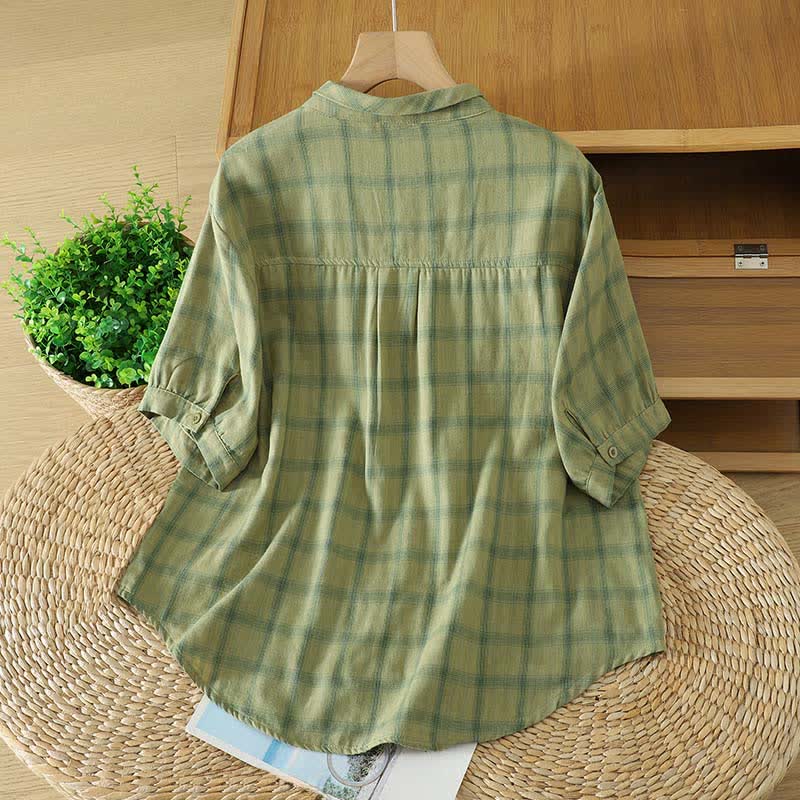 Buddha Stones Summer Casual Vintage Plaid Women's Short Sleeve Shirts With Patch Pocket - image 1