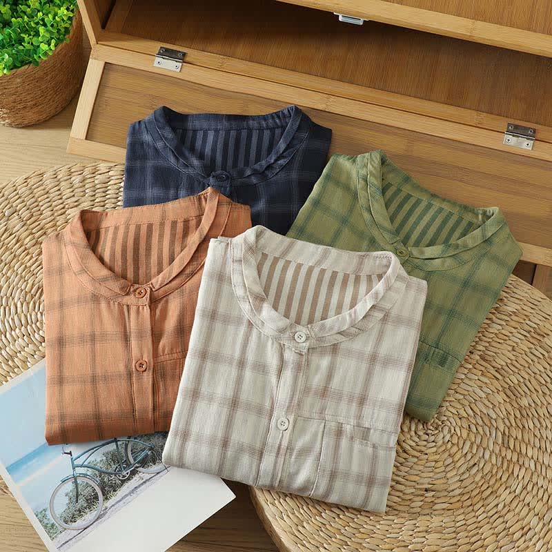 Buddha Stones Summer Casual Vintage Plaid Women's Short Sleeve Shirts With Patch Pocket - image 30