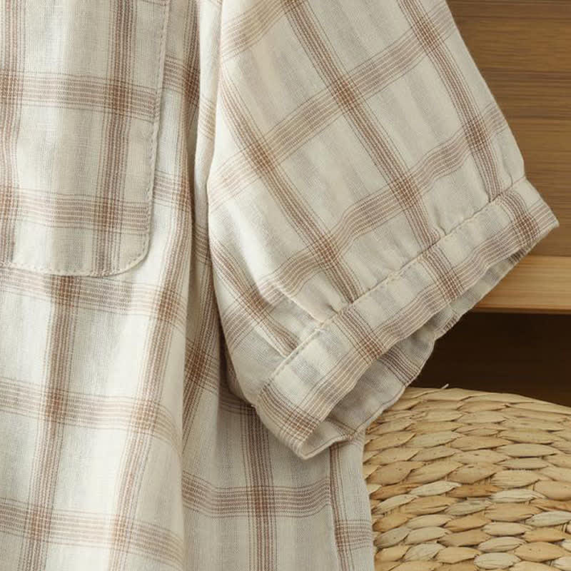 Buddha Stones Summer Casual Vintage Plaid Women's Short Sleeve Shirts With Patch Pocket - image 25