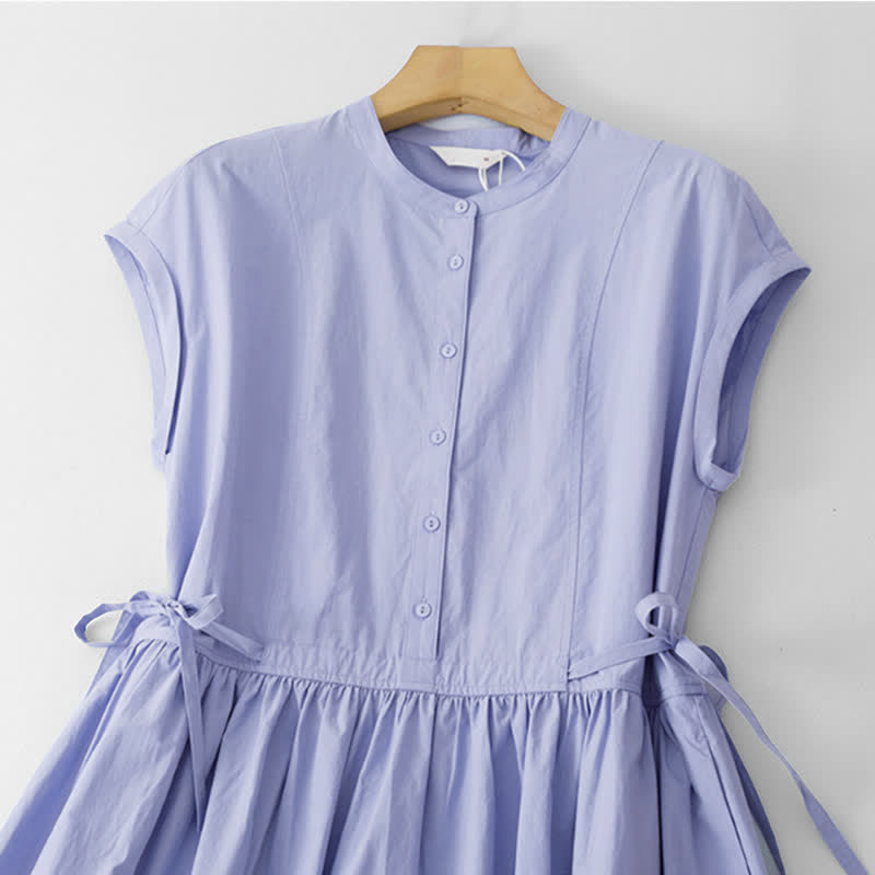 Buddha Stones Summer Casual Vintage Button-Up Solid Lace-up Women's Short Sleeve Dresses With Pocket - image 1