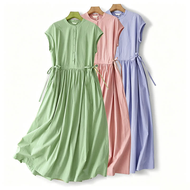 Buddha Stones Summer Casual Vintage Button-Up Solid Lace-up Women's Short Sleeve Dresses With Pocket - image 23