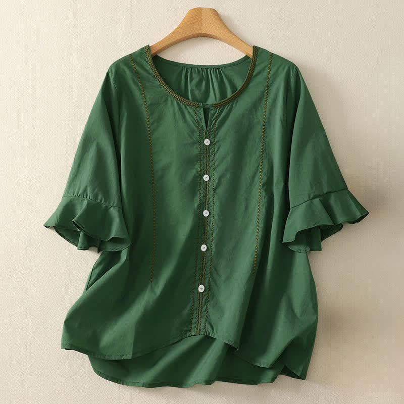 Buddha Stones Summer Boho Casual Button-up Solid Ruffle Bell Sleeve Women's Short Sleeve Shirts - ForestGreen - US12, UK/AU16, EU44 (2XL) - image 0
