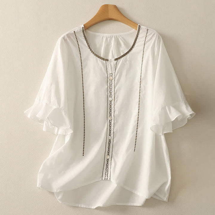 Buddha Stones Summer Boho Casual Button-up Solid Ruffle Bell Sleeve Women's Short Sleeve Shirts - White - US12, UK/AU16, EU44 (2XL) - image 16