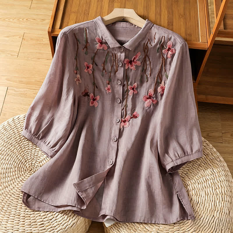 Buddha Stones Summer Vintage Embroidery Floral Women's Short Sleeve Shirts - Thistle - US8-10, UK/AU12-14, EU40-42 (2XL) - image 17