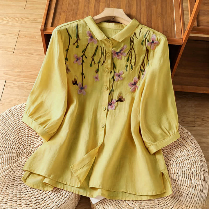 Buddha Stones Summer Vintage Embroidery Floral Women's Short Sleeve Shirts - Khaki - US8-10, UK/AU12-14, EU40-42 (2XL) - image 8