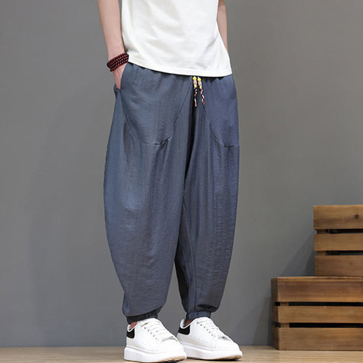 Buddha Stones Summer Casual Vintage Drawstring Solid Cotton Cropped Pants Men's Harem Pants With Pocket - image 3