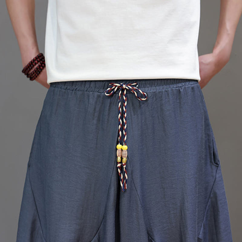 Buddha Stones Summer Casual Vintage Drawstring Solid Cotton Cropped Pants Men's Harem Pants With Pocket - image 9