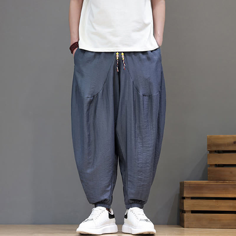 Buddha Stones Summer Casual Vintage Drawstring Solid Cotton Cropped Pants Men's Harem Pants With Pocket - image 7