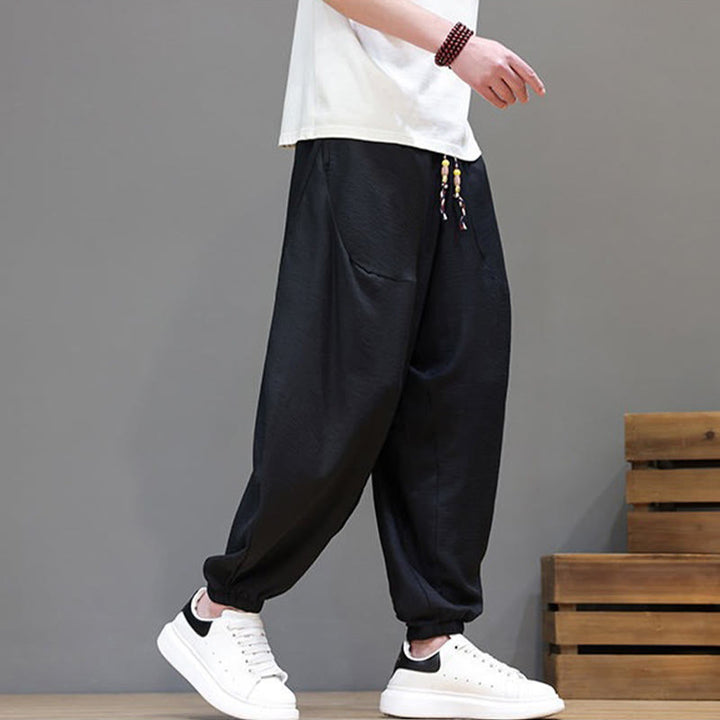Buddha Stones Summer Casual Vintage Drawstring Solid Cotton Cropped Pants Men's Harem Pants With Pocket - image 14