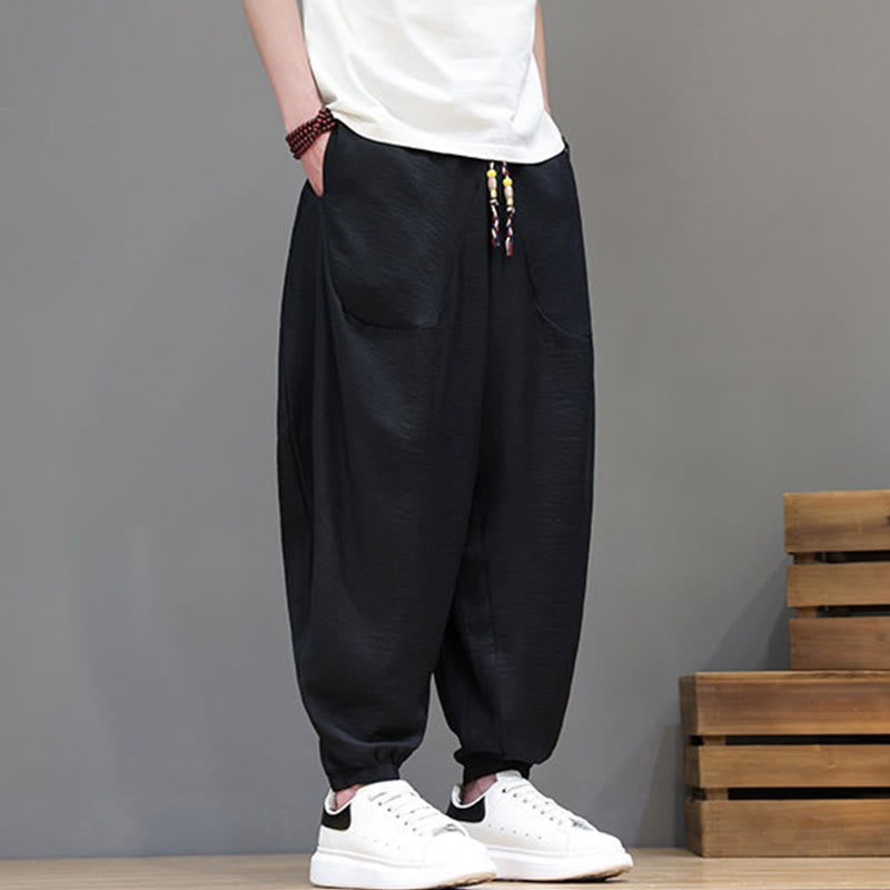 Buddha Stones Summer Casual Vintage Drawstring Solid Cotton Cropped Pants Men's Harem Pants With Pocket - image 17
