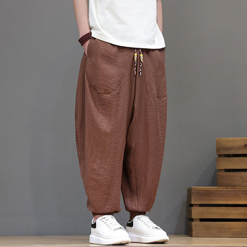 Buddha Stones Summer Casual Vintage Drawstring Solid Cotton Cropped Pants Men's Harem Pants With Pocket - image 23