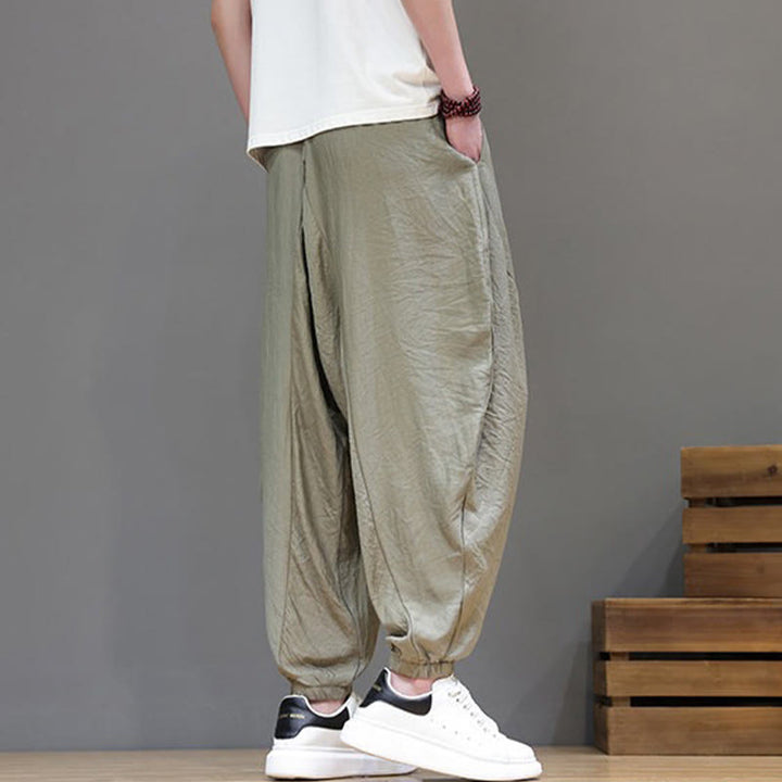 Buddha Stones Summer Casual Vintage Drawstring Solid Cotton Cropped Pants Men's Harem Pants With Pocket - image 33