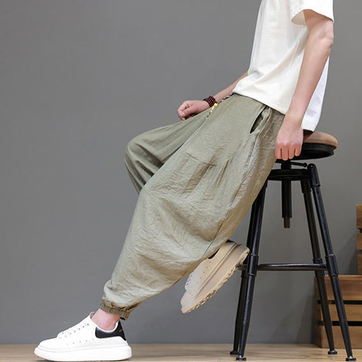 Buddha Stones Summer Casual Vintage Drawstring Solid Cotton Cropped Pants Men's Harem Pants With Pocket - image 36