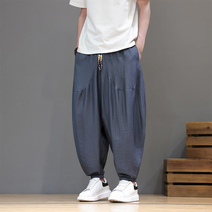 Buddha Stones Summer Casual Vintage Drawstring Solid Cotton Cropped Pants Men's Harem Pants With Pocket - image 1