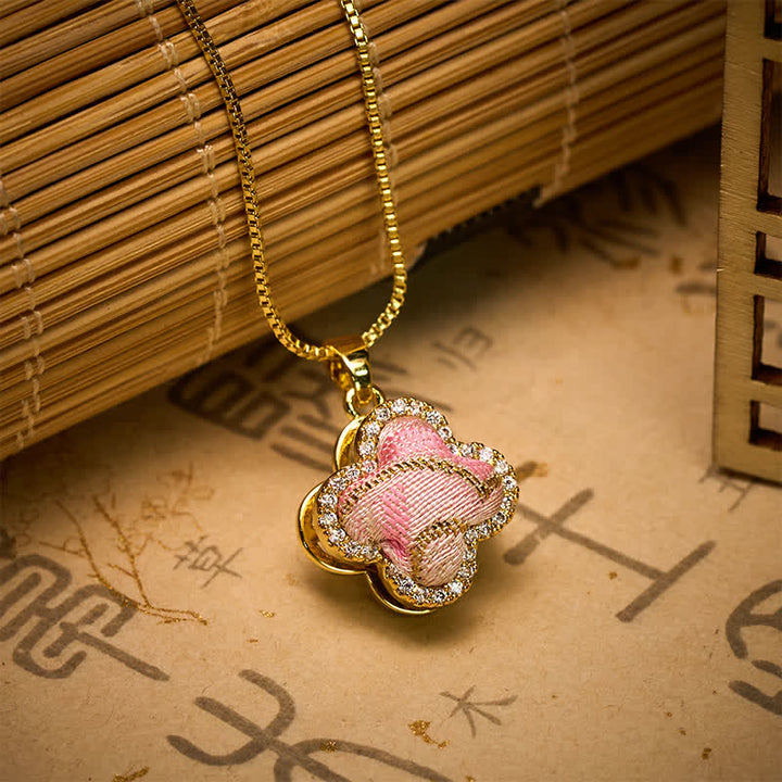 Buddha Stones Copper Rotatable Heart & Four-leaf Clover Inlaid Pink Brocade Harmonic Connection Necklace - image 2