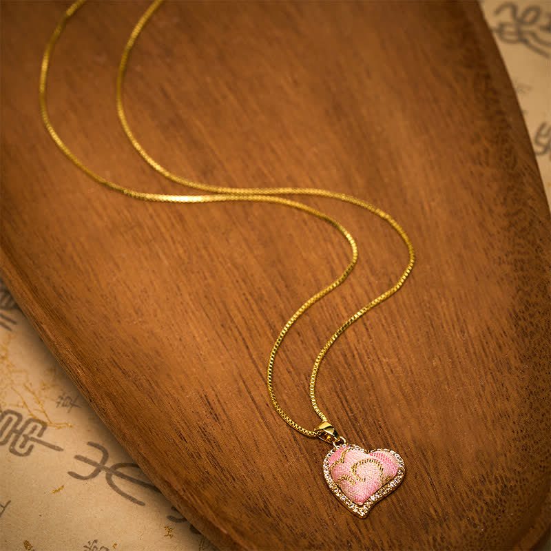 Buddha Stones Copper Rotatable Heart & Four-leaf Clover Inlaid Pink Brocade Harmonic Connection Necklace - image 11