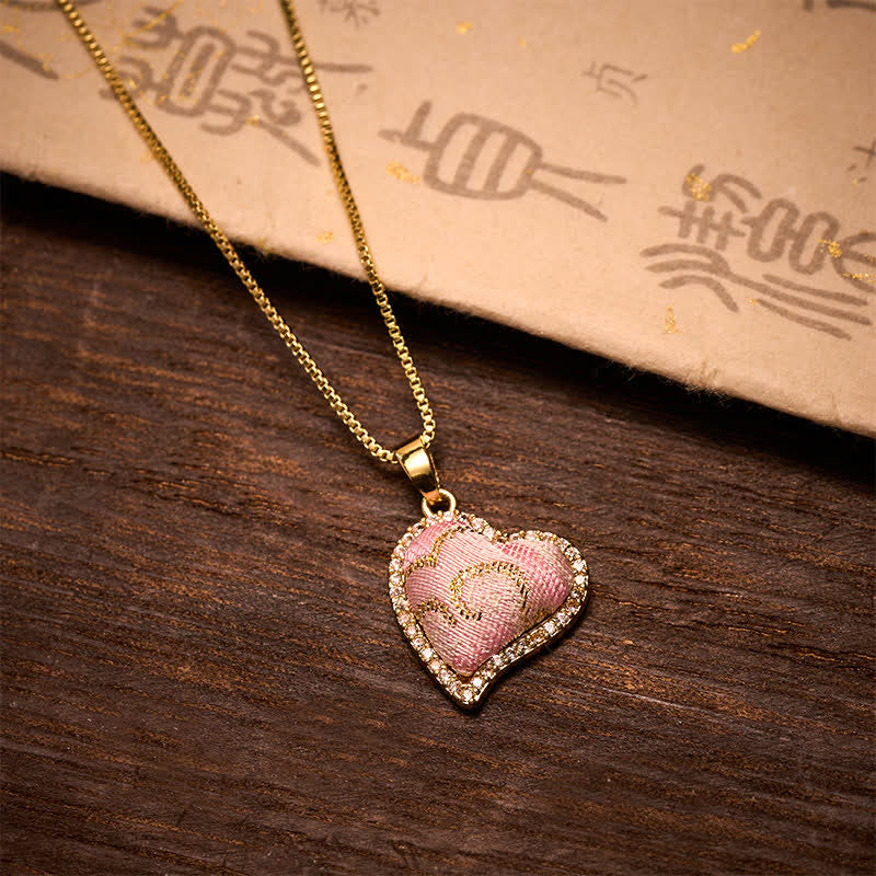 Buddha Stones Copper Rotatable Heart & Four-leaf Clover Inlaid Pink Brocade Harmonic Connection Necklace - image 9
