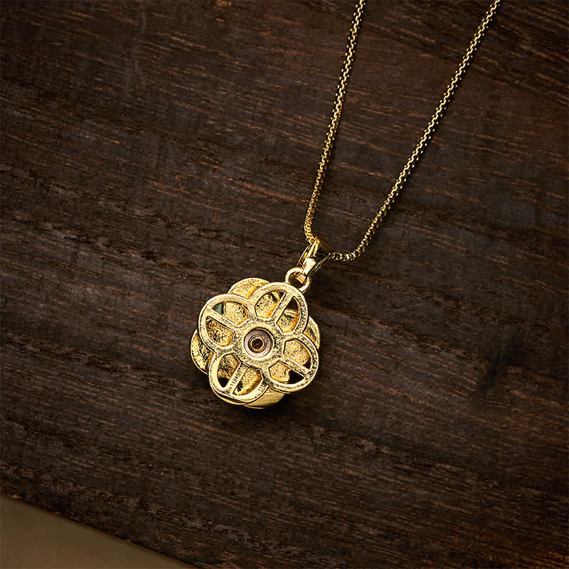 Buddha Stones Copper Rotatable Heart & Four-leaf Clover Inlaid Pink Brocade Harmonic Connection Necklace - image 6